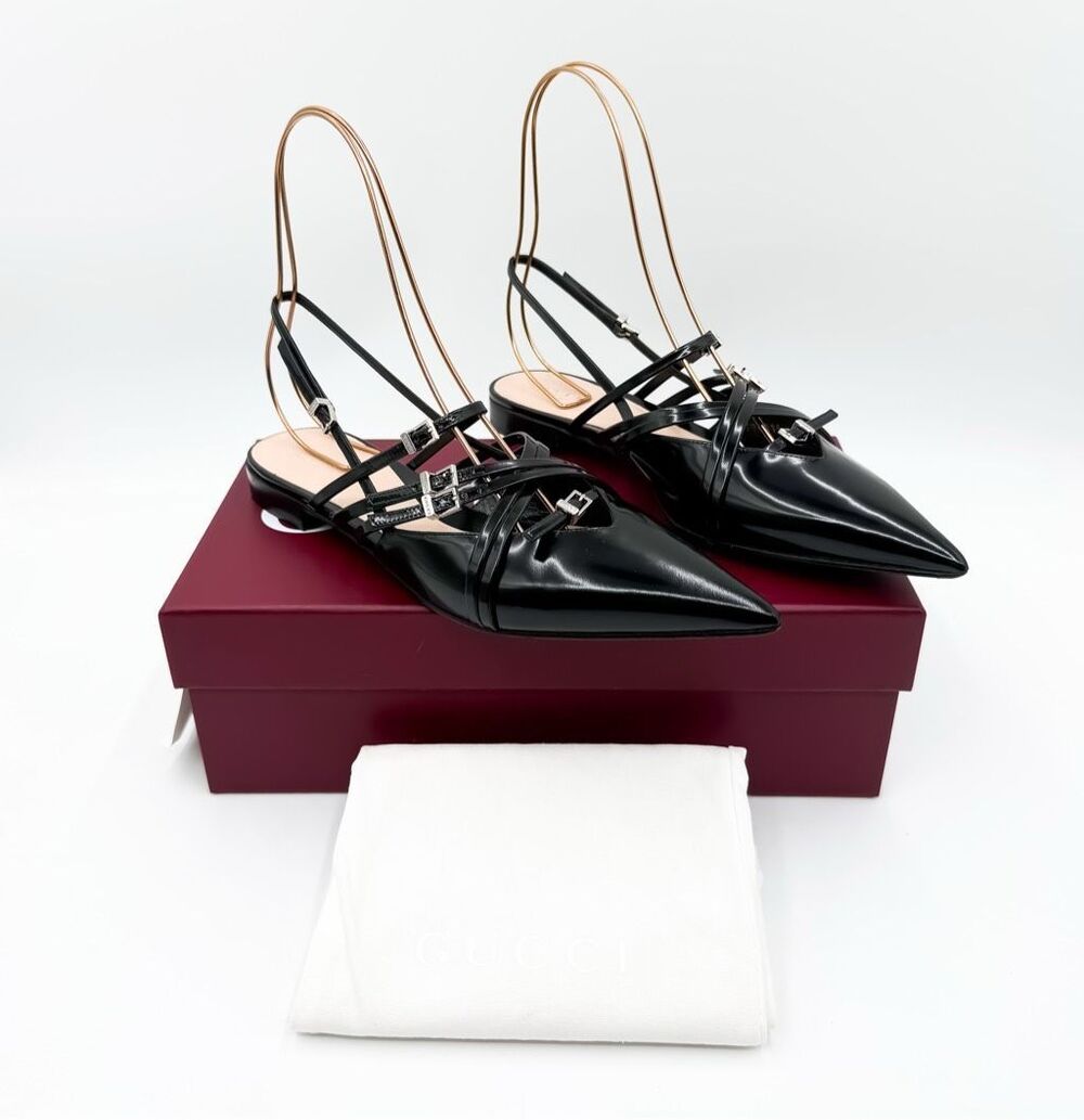 Gucci Seraphine Pointed Toe Buckle Leather Slingback Flats EU 39.5 US 9.5